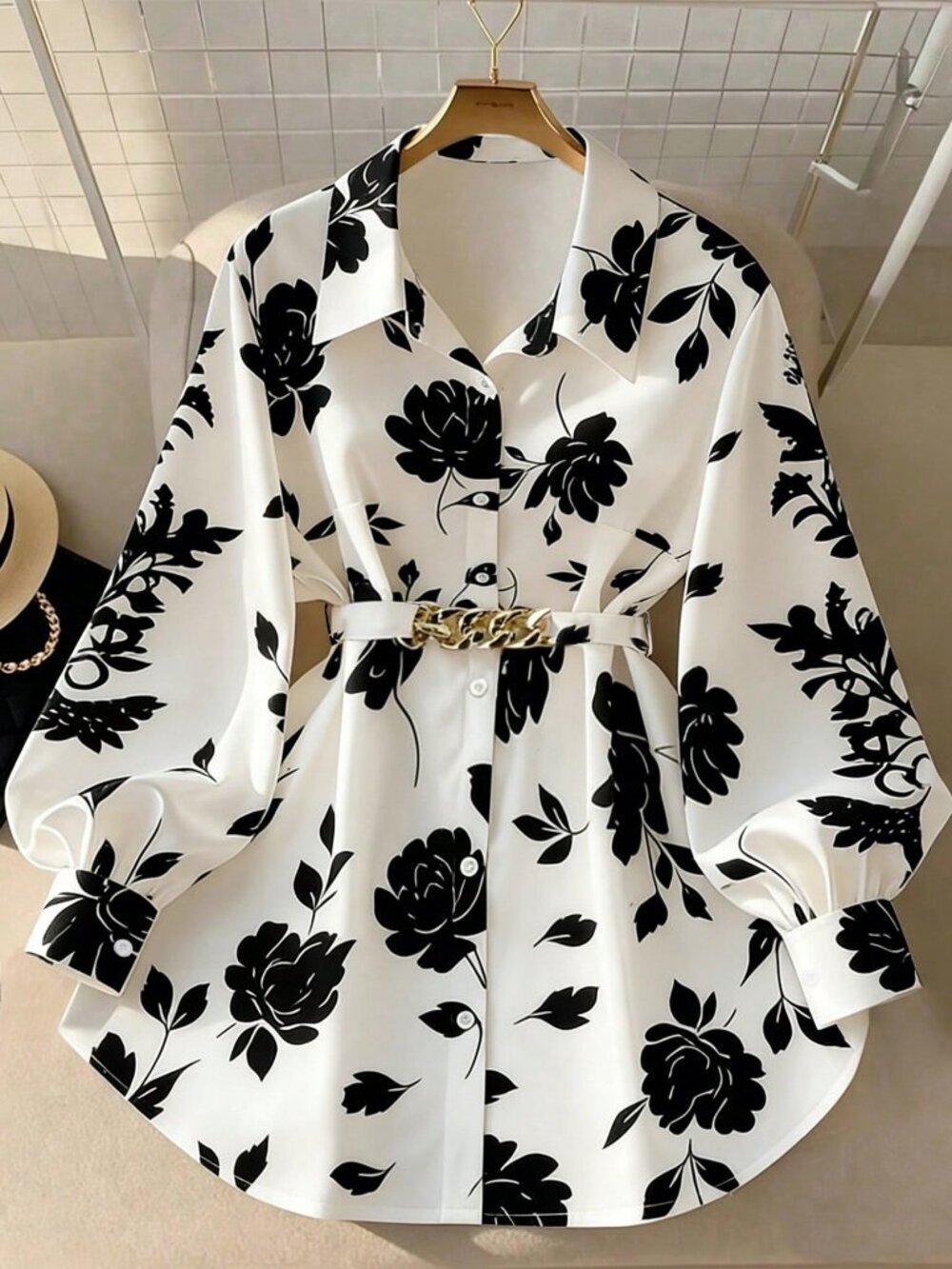 Black And White Relaxed Women's Plus Size Floral Tie Front Long Sleeve Shirt